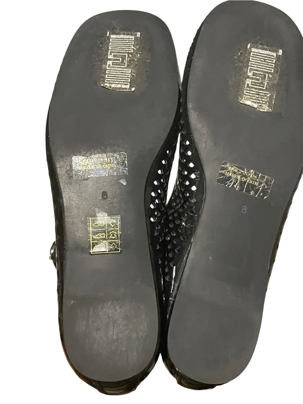 Jeffery Campbell Square toe black patent leather perforated Mary Jane flats